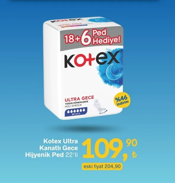 Kotex Ultra Kanatlı Gece Hijyenik Ped 22'Li