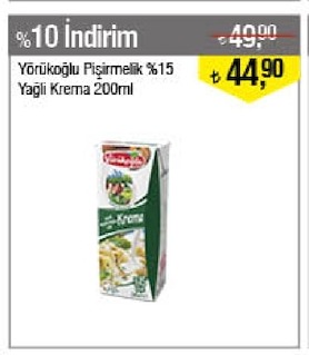 Yörükoğlu Pişirmelik %15 Yağlı Krema 200Ml