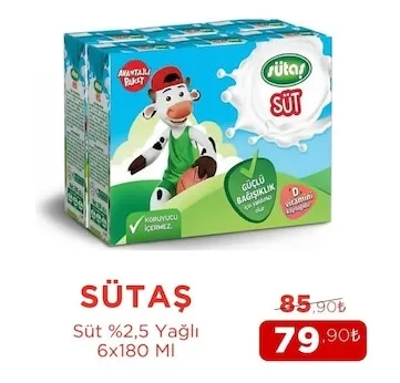 Sütaş Süt %2,5 Yağlı 6X180 Ml