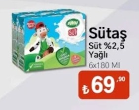 Sütaş Süt %2,5 Yağlı 6X180 Ml