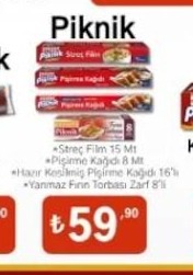 Piknik 15 Mt Streç Film 8 Mt Pişirme Kağıdı 16% Hazır Kesilmiş Pişirme Kağıdı Zarf 8'Li Yanmaz Fırın Torbası