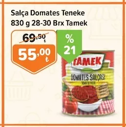 Salça Domates Teneke 830 G 28-30 Brx Tamek