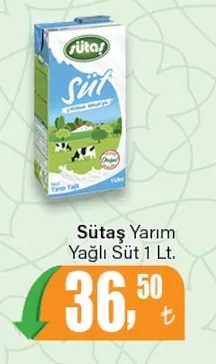 Sütaş Yarım Yağlı Süt 1 Lt.