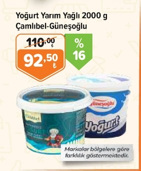 Yoğurt Yarım Yağlı 2000 G Çamlıbel-Güneşoğlu