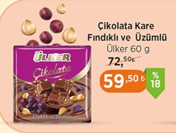 Çikolata Kare Fındıklı Ve Üzümlü Ülker 60 G