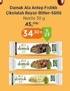 Damak Ala Antep Fıstıklı Çikolatalı Beyaz-Bitter-Sütlü Nestle 30 G