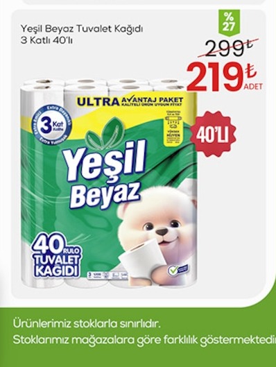 Yesil Beyaz Tuvalet Kagidi 3 Katli 40'Li