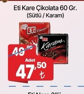 Eti Kare Çikolata 60 Gr. (Sütlü / Karam)