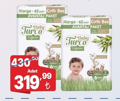 Baby Turco Doğadan Xlarge Cırtlı Bez 62 Adet