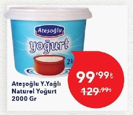 Ateşoğlu Y.Yağlı Naturel Yoğurt 2000 Gr