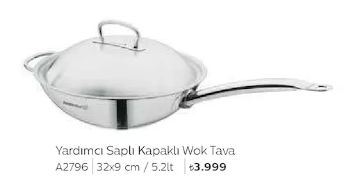 Yardımcı Saplı Kapaklı Wok Tava 32X9 Cm / 5.2Lt