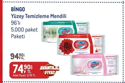Bingo Yüzey Temizleme Mendili 96'Lı