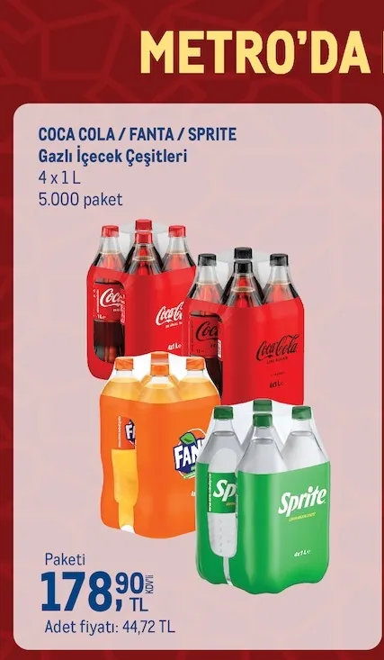 Coca Cola / Fanta / Sprite Gazlı İçecek Çeşitleri 4 X 1 L