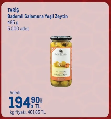Tariş Bademli Salamura Yeşil Zeytin 485 G