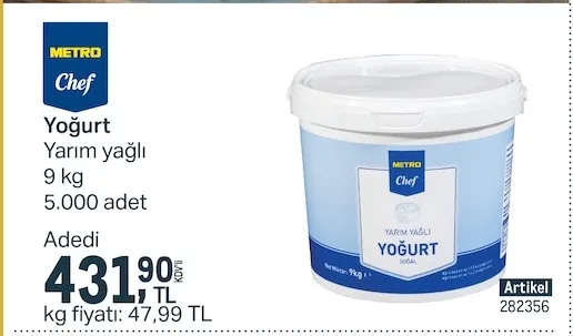 Metro Chef Yoğurt Yarım Yağlı 9 Kg