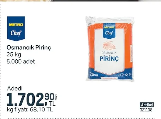 Metro Chef Osmancık Pirinç 25 Kg