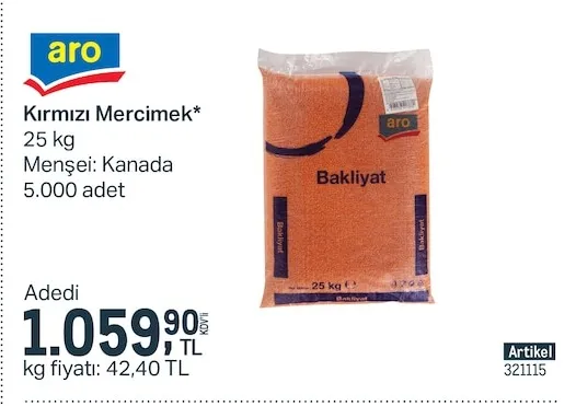 Aro Kırmızı Mercimek* 25 Kg