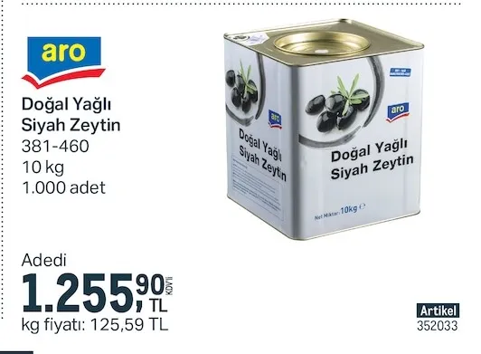 Aro Doğal Yağlı Siyah Zeytin 381-460 10 Kg 1.000 Adet