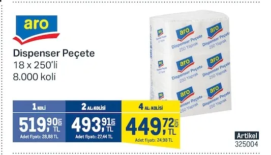 Aro Dispenser Peçete 18 X 250'Li