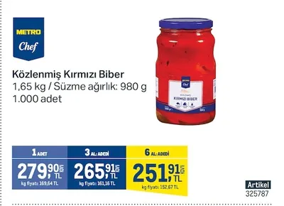 Metro Chef Közlenmiş Kırmızı Biber 1,65 Kg / Süzme Ağırlık: 980 G 1.000 Adet