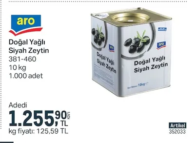 Aro Doğal Yağlı Siyah Zeytin 381-460 10 Kg 1.000 Adet