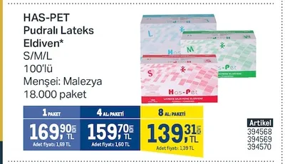 Has-Pet Pudralı Lateks Eldiven S/M/L 100'Lü