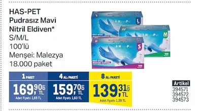 Has-Pet Pudrasız Mavi Nitril Eldiven S/M/L 100'Lü