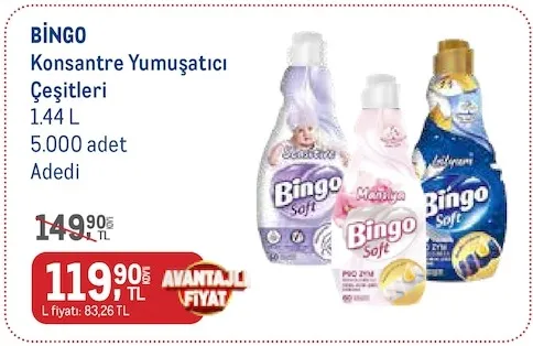 Bingo Konsantre Yumuşatıcı Çeşitleri 1.44 L 5.000 Adet Adedi