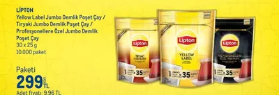 Lipton Yellow Label Jumbo Demlik Poşet Çay / Tiryaki Jumbo Demlik Poşet Çay / Profesyonellere Özel Jumbo Demlik Poşet Çay 30 X 25 G