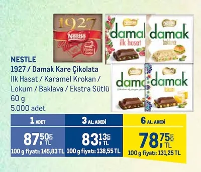 Nestle 1927 / Damak Kare Çikolata İlk Hasat / Karamel Krokan / Lokum / Baklava / Ekstra Sütlü 60 G
