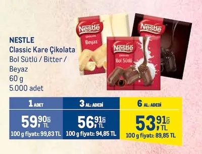 Nestle Classic Kare Çikolata Bol Sütlü / Bitter / Beyaz 60 G