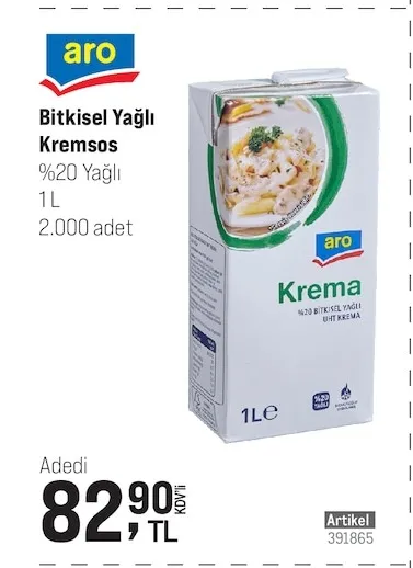 Aro Bitkisel Yağlı Kremsos %20 Yağlı 1 L