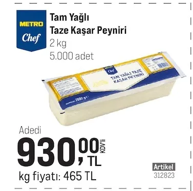 Metro Chef Tam Yağlı Taze Kaşar Peyniri 2 Kg