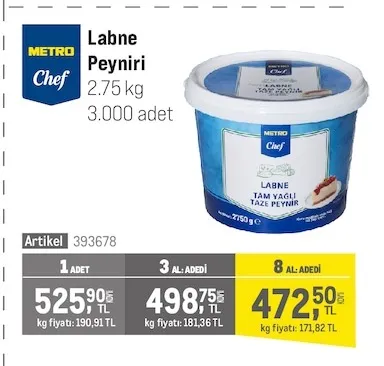 Metro Chef Labne Peyniri 2.75 Kg