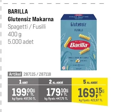 Barilla Glutensiz Makarna Spagetti / Fusilli 400 G