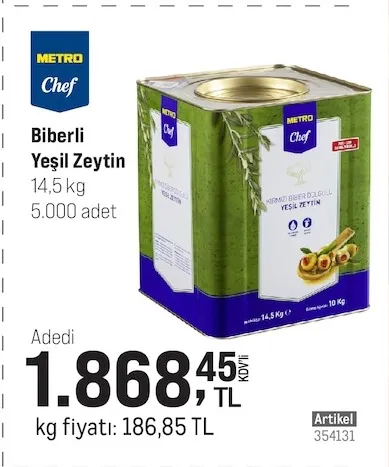 Metro Chef Biberli Yeşil Zeytin 14,5 Kg