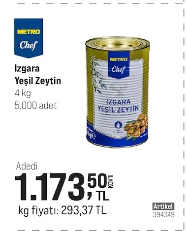 Metro Chef Izgara Yeşil Zeytin 4 Kg