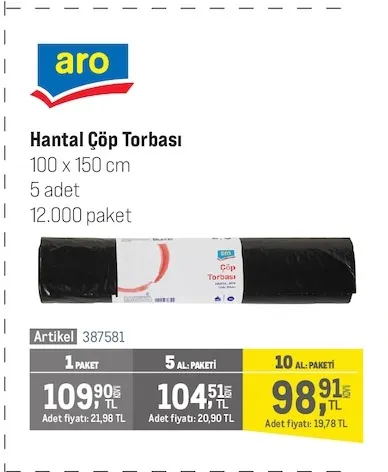 Aro Hantal Çöp Torbası 100 X 150 Cm 5 Adet 12.000 Paket