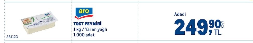 Aro Tost Peyniri 1 Kg / Yarım Yağlı