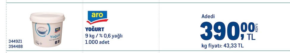 Aro Yoğurt 9 Kg / % 0,6 Yağlı