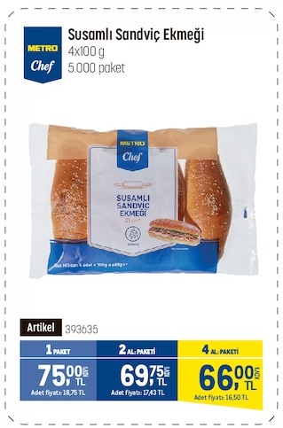 Metro Chef Susamlı Sandviç Ekmeği 4X100G