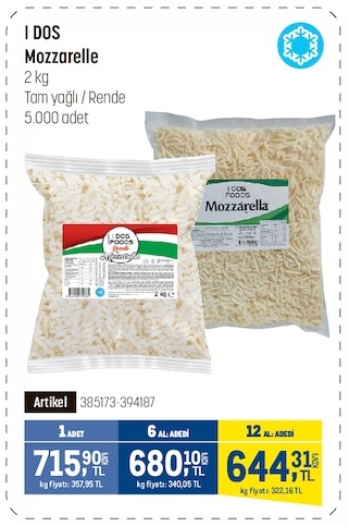 I Dos Mozzarella 2Kg Tam Yağlı Rendelennmiş Peynir