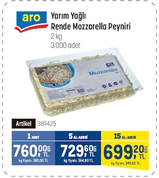 Aro Yarım Yağlı Rendeler Mozzarella Peyniri 2Kg
