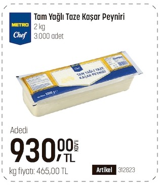 Metro Chef Tam Yağlı Taze Kaşar Peyniri 2 Kg