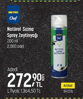 Metro Chef Natürel Sızma Sprey Zeytinyağı 200Ml