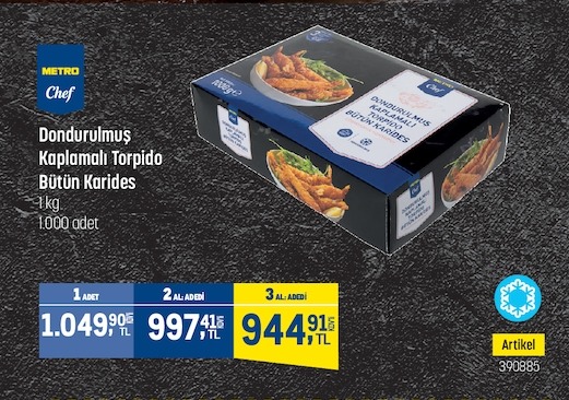 Metro Chef Dondurulmuş Kaplamalı Torpido Bütün Karides 1Kg