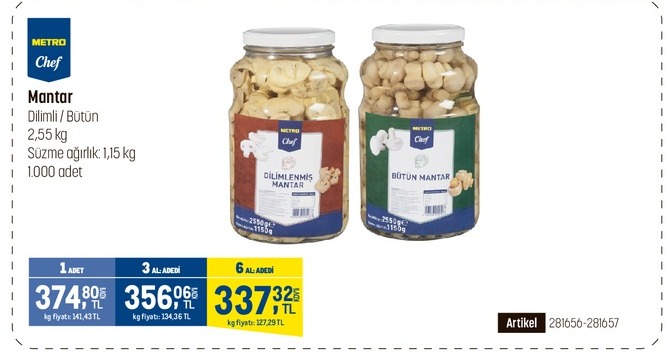 Metro Chef Mantar Dilimli / Bütün 2,55 Kg