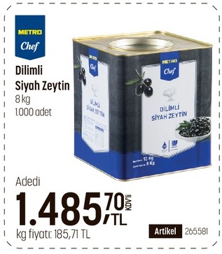 Metro Chef Dilimli Siyah Zeytin 8 Kg