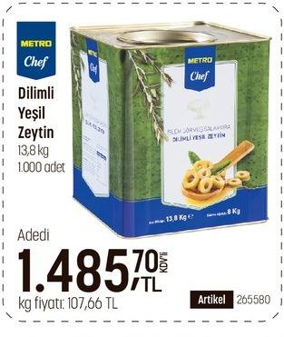 Metro Chef Dilimli Yeşil Zeytin 13,8 Kg