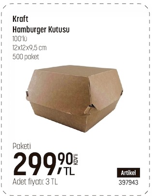 Kraft Hamburger Kutusu 100'Lü 12X12X9.5 Cm
